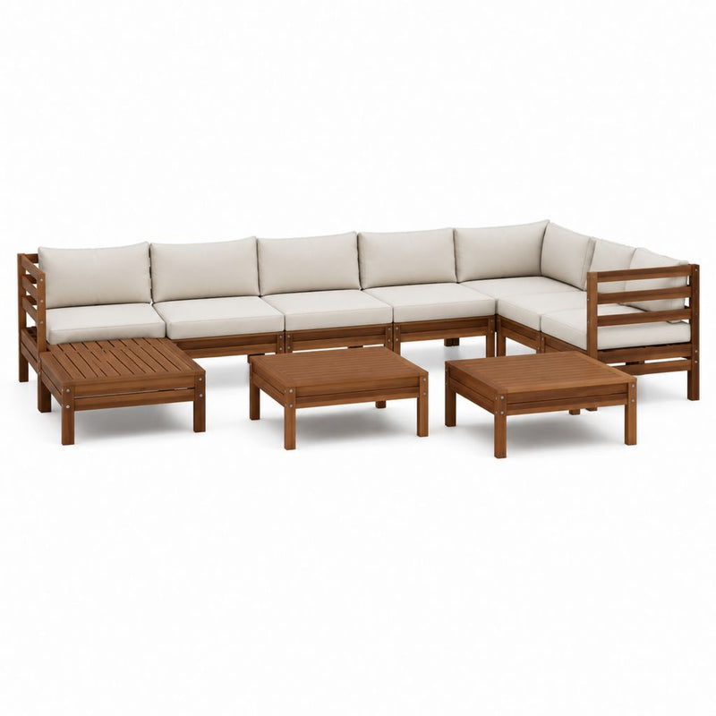 Gartensofa Set 9-teilig Braun Massives Kiefernholz L-Form mit Cremefarbenen Polyesterkissen 280 x 140 x 67 cm