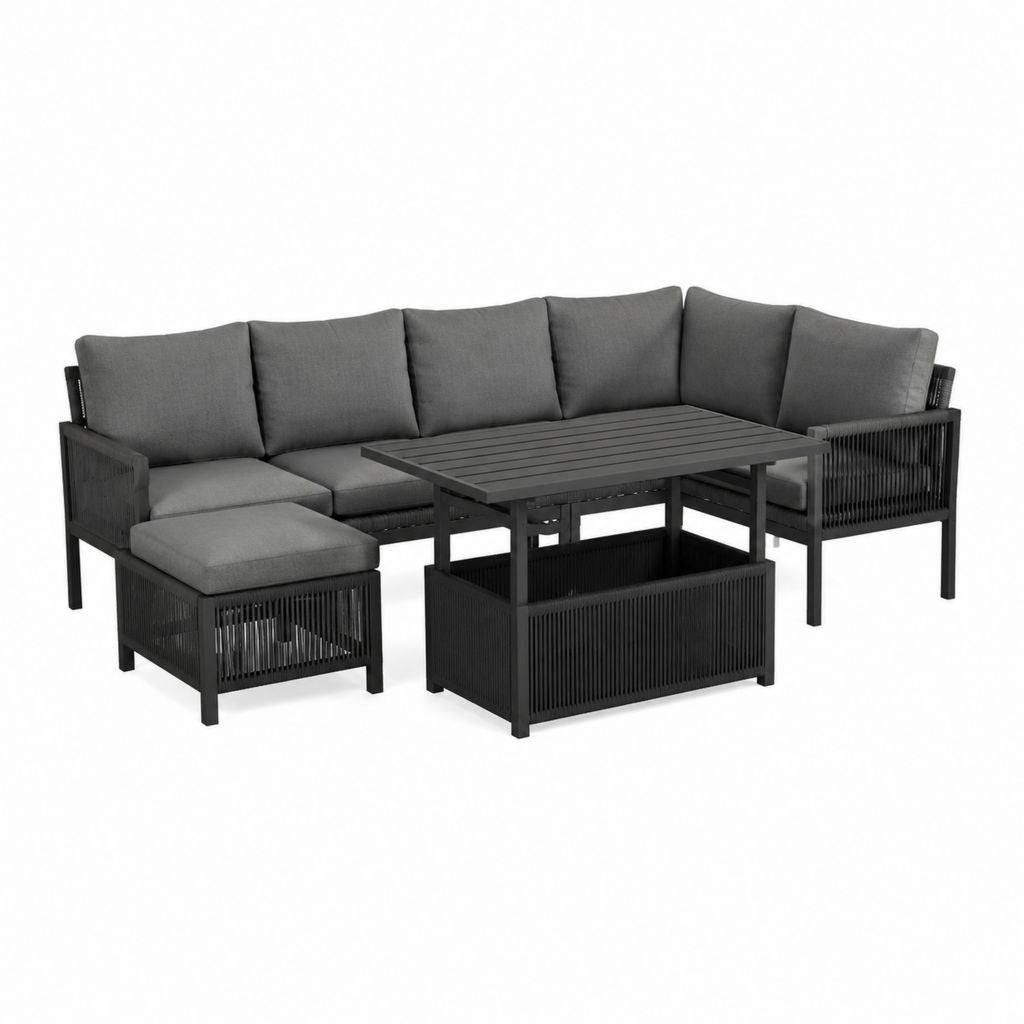 5-teiliges Gartenlounge Set Schwarz Grau Aluminium L-Form mit höhenverstellbarem Tisch 255 x 190 cm