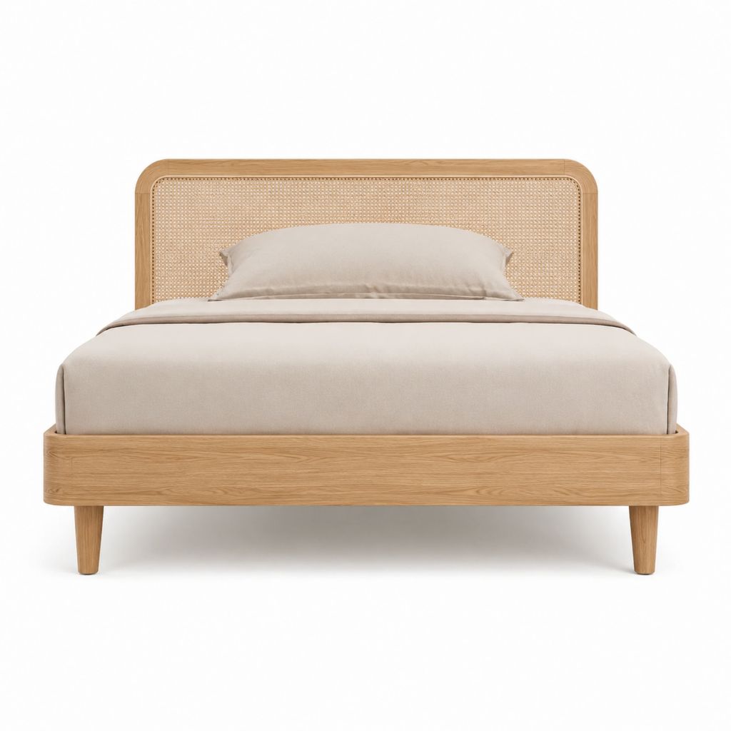 Doppelbett Bettgestell Natur aus Massivholz und Rattan rechteckig 160 x 200 cm