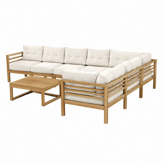 Gartenlounge Ecksofa Set 5-Sitzer Naturweiß aus Akazien-Massivholz mit Polsterkissen 240 x 180 x 70 cm
