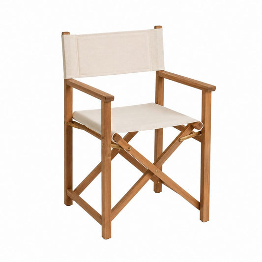 Klappbarer Gartenstuhl Naturbraun aus Akazien-Massivholz mit cremefarbener Polyesterbespannung 54 x 45 x 88 cm