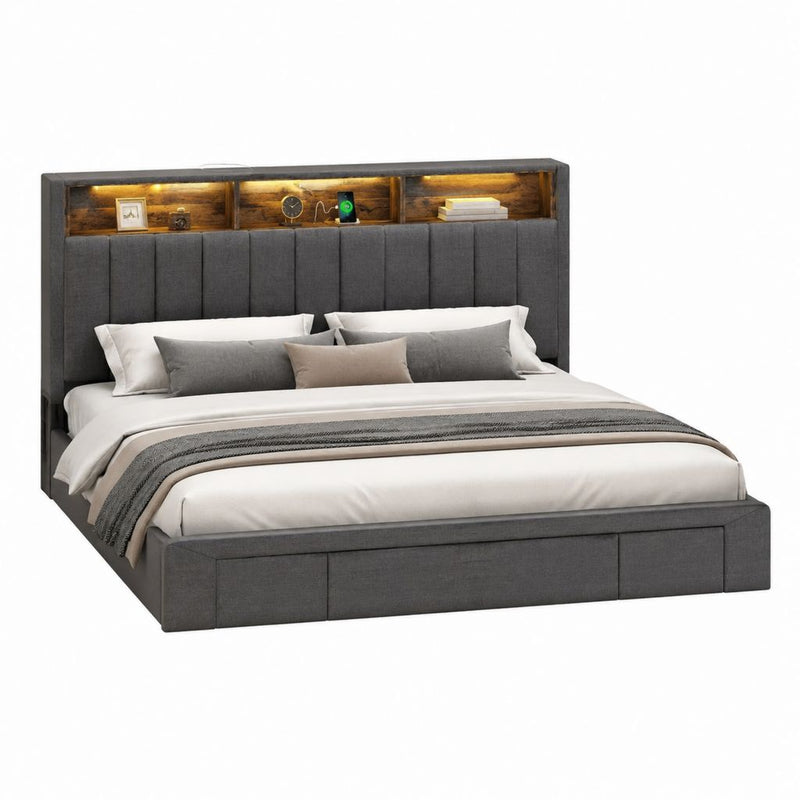 Stauraumbett Polsterbett Anthrazit mit Polyesterbezug und LED-Regal 180 x 200 cm