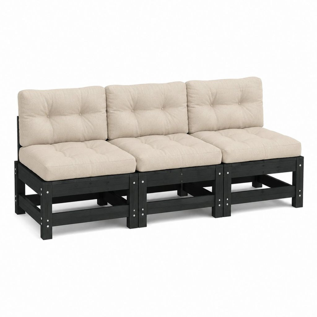 Gartensofa 3-Sitzer Schwarz Akazienholz mit beigen Polyesterkissen 189 x 80 x 80 cm