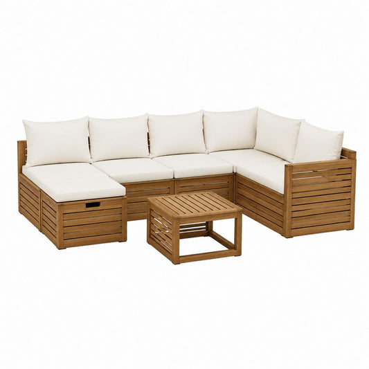 5-teiliges Garten-Loungeset Ecksofa aus Akazien-Massivholz Braun mit beigefarbenen Polyesterkissen 210 x 210 x 70 cm Tisch 60 x 60 x 30 cm
