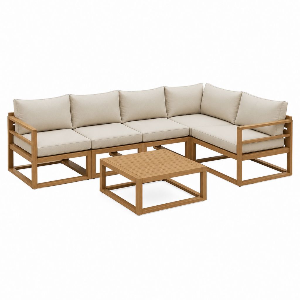 Garten Loungeecke 6-Sitzer L-Form Beige Akazienholz Polyester 270 x 270 x 65 cm