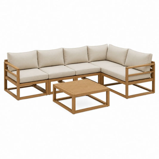 Garten Loungeecke 6-Sitzer L-Form Beige Akazienholz Polyester 270 x 270 x 65 cm