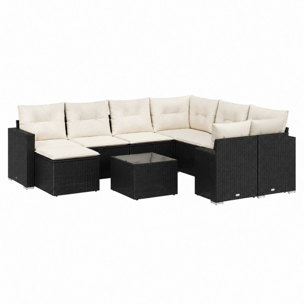 9-teiliges Gartenlounge Set Schwarz Polyethylen-Rattan mit cremefarbenen Polyesterkissen 245 x 175 x 60 cm