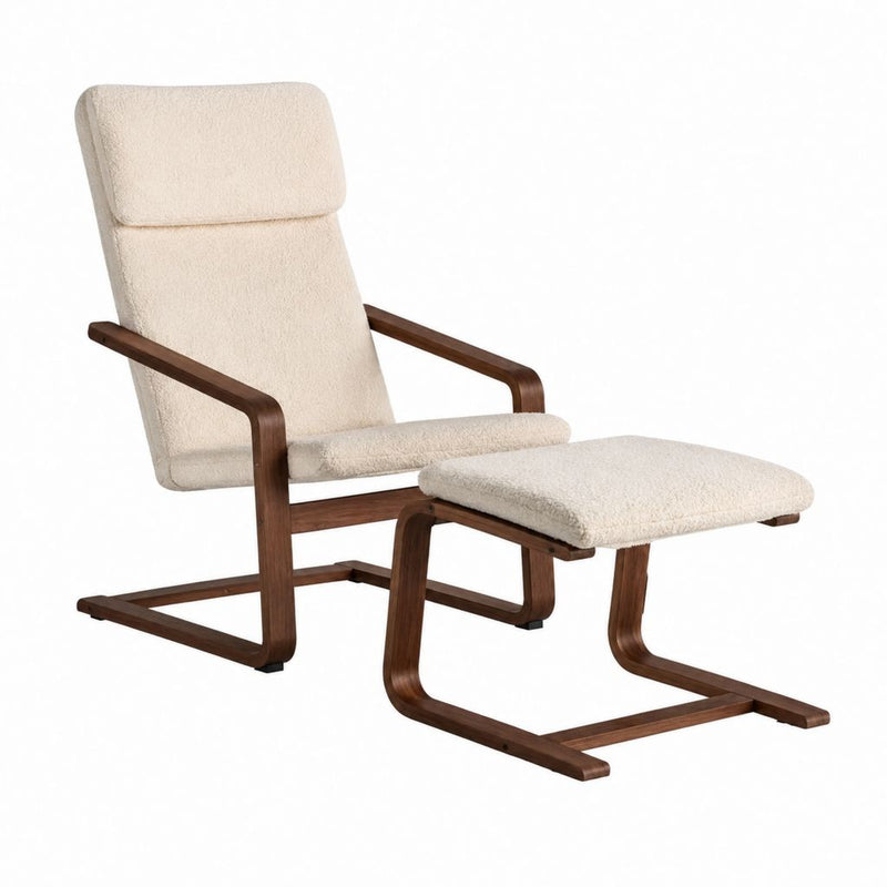 Relaxsessel mit Fußhocker Creme Polyester Bouclé Schichtholzgestell 68 x 82 x 102 cm