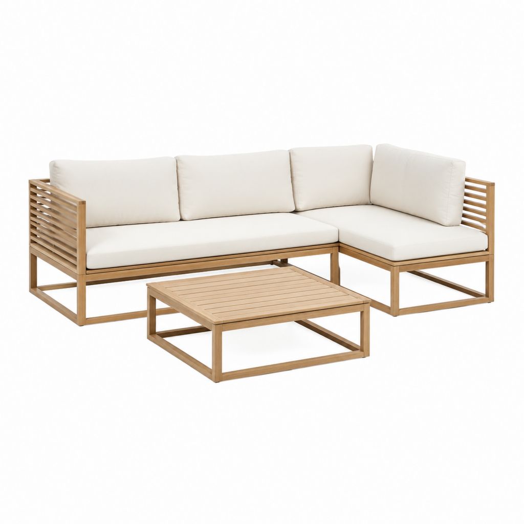Gartenlounge Ecksofa Set natur aus Akazienholz mit cremefarbenen Polyesterkissen 200 x 200 cm