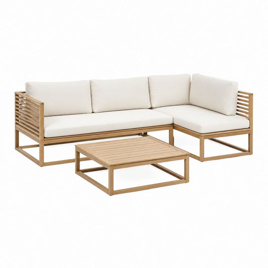 Gartenlounge Ecksofa Set natur aus Akazienholz mit cremefarbenen Polyesterkissen 200 x 200 cm