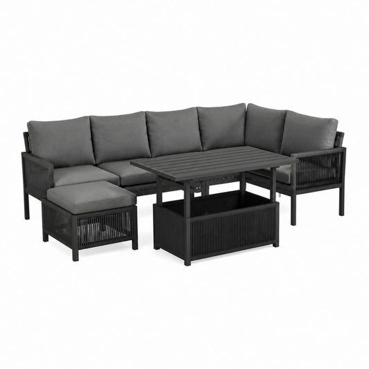 5-teiliges Gartenlounge Set Schwarz Grau Aluminium L-Form mit höhenverstellbarem Tisch 255 x 190 cm