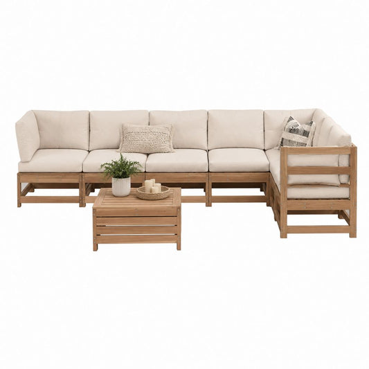 5-Sitzer Gartenlounge Set Beige aus massivem Akazienholz mit Polstern 350 x 140 x 70 cm