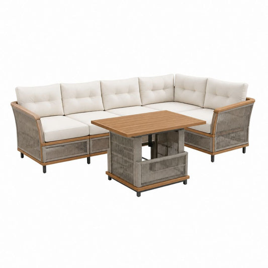 Gartensofa Ecklounge 5-teilig Beige mit Akazienholz und Polypropylen-Seilgeflecht 250 x 250 cm