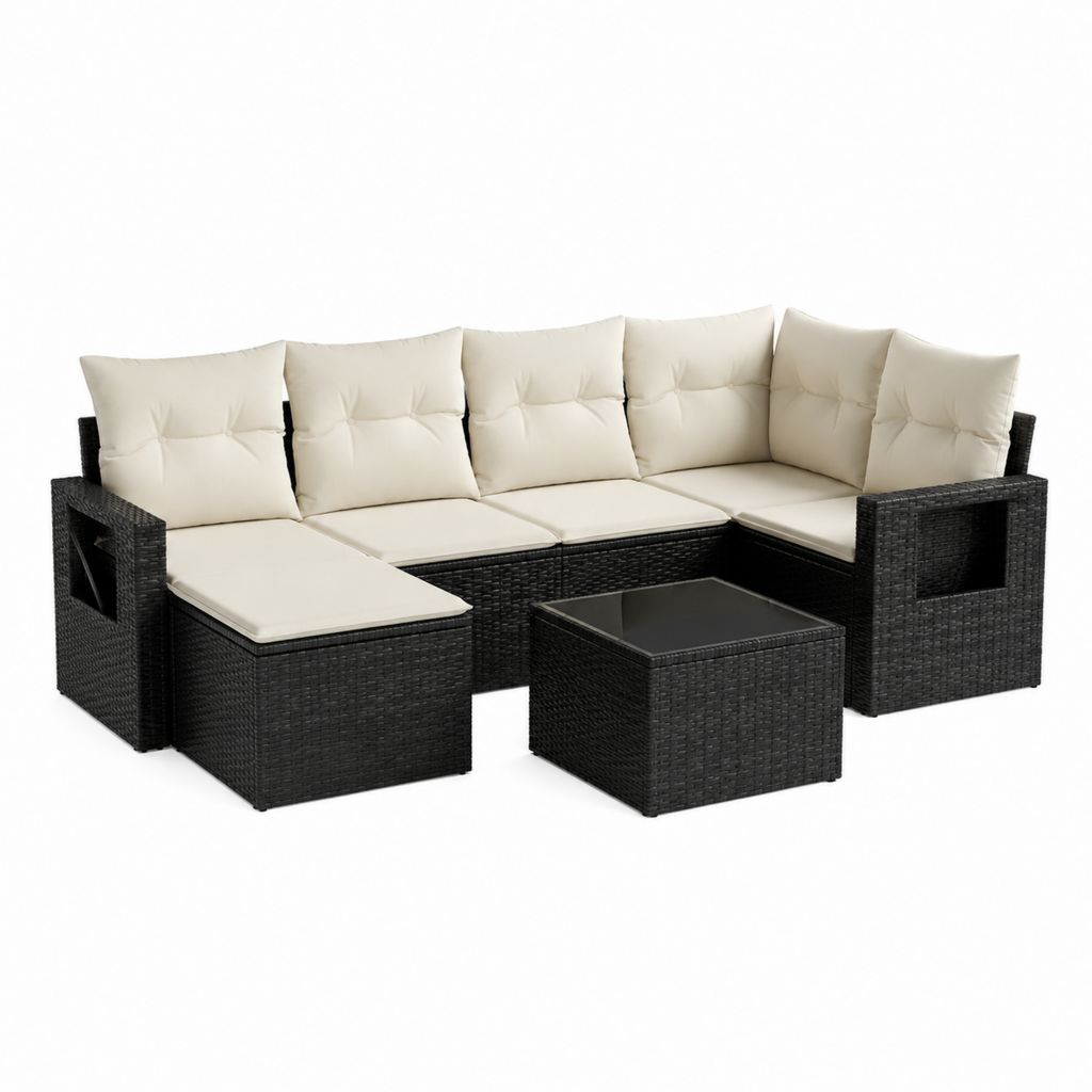 Polyrattan Gartensofa Sitzgruppe 6-teilig Schwarz Creme 70 x 70 x 63 cm