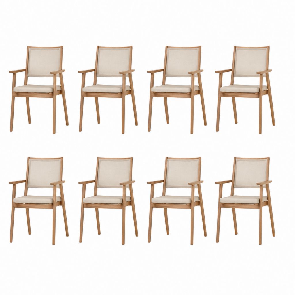 8er Set Gartenstühle mit Armlehnen Natur Beige aus massivem Akazienholz und Polyester 56 x 58 x 88 cm