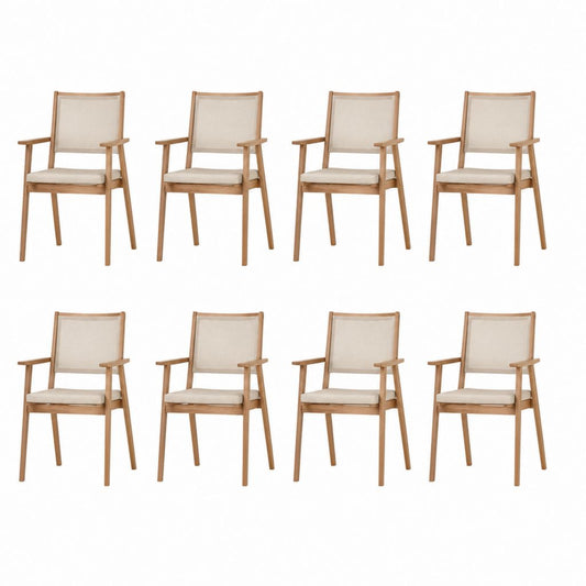 8er Set Gartenstühle mit Armlehnen Natur Beige aus massivem Akazienholz und Polyester 56 x 58 x 88 cm